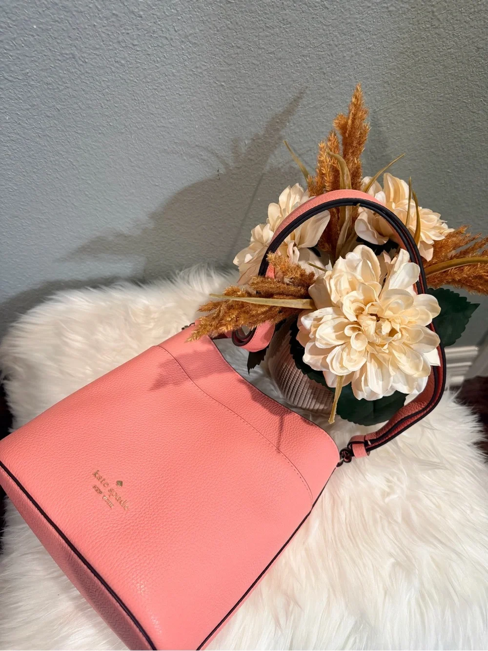Kate Spade Leila Peachy Pink Pebbled Leather Crossbody Bucket Bag